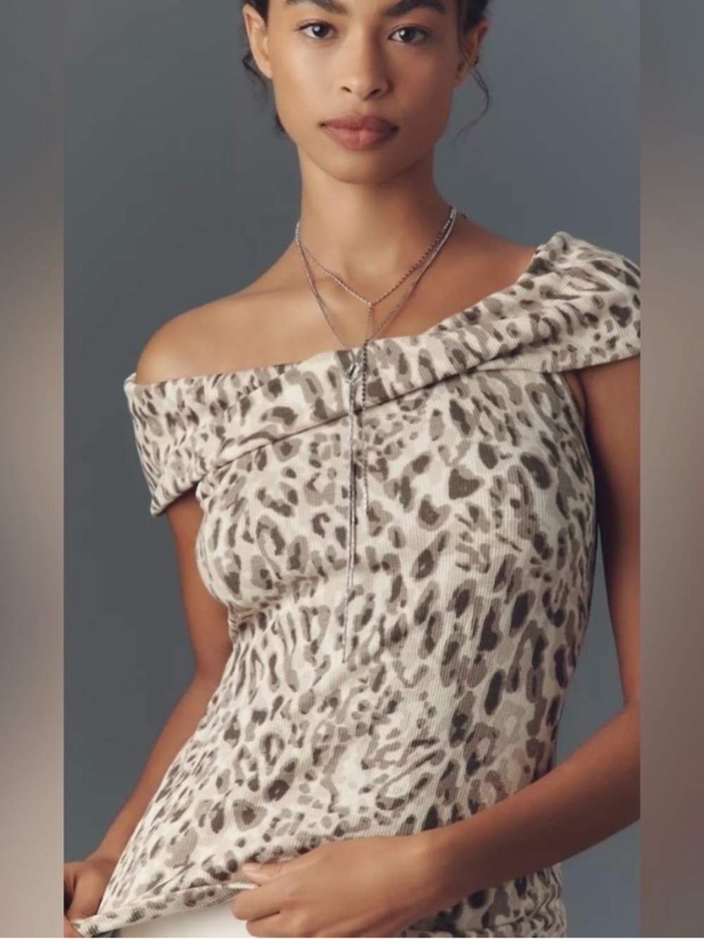 Pilcro One-Shoulder Leopard Print Tank Top in Cream and Brown